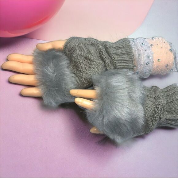 SXY l Elegant Silver Arm Sleeves Shimmery & Sheer, Gray Fuzzy, Fingerless Gloves - Picture 10 of 13